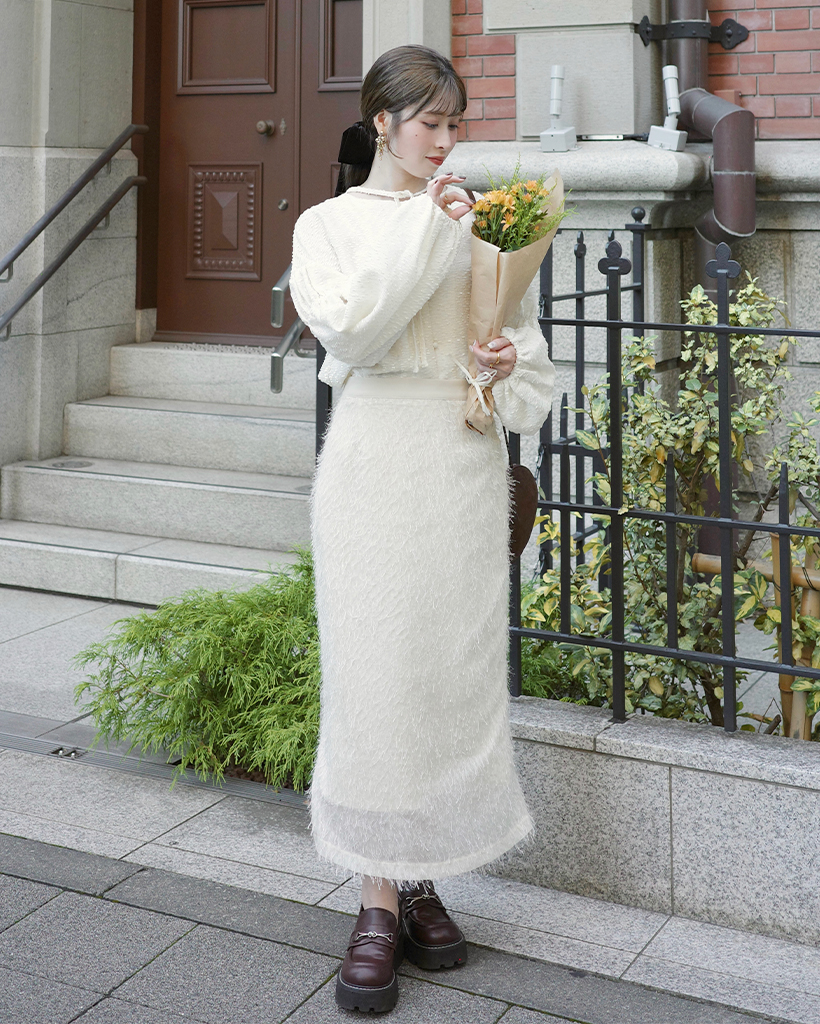 ORIGINAL) フリンジトゥインクルボタンロングスカート