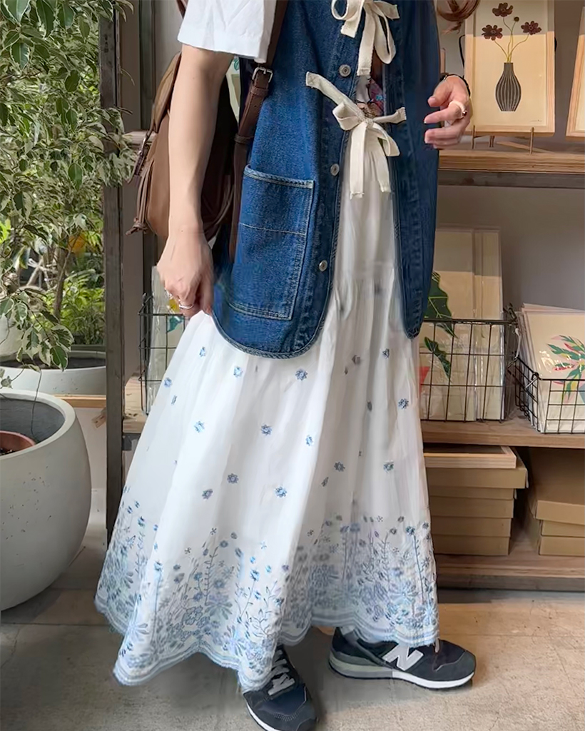ブルー刺繍フラワーロングスカート | ファッション通販サイト NUGU