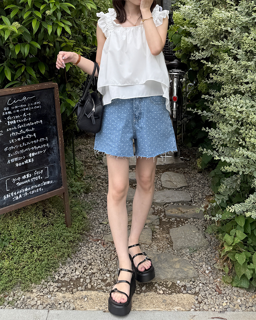 デニムショートパンツ ダークブルー ロゴ刺繍付き セール】【ジュニア対応】刺繍デニムショートパンツ（デニム