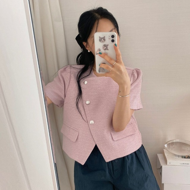 ハートシルバーボタンツイード半袖ジャケット | ファッション通販