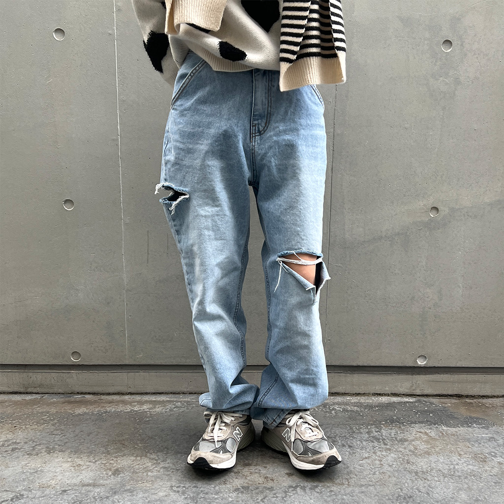 NOAH STUDIO ダメージ加工 ダークグレー ワイドレッグデニムパンツ ダメージワイドデニムパンツ | ファッション通販サイト NUGU