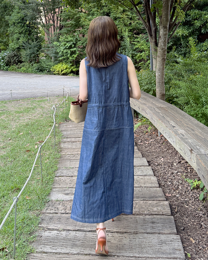 デニムストリングスリーブレスロングワンピース | ファッション