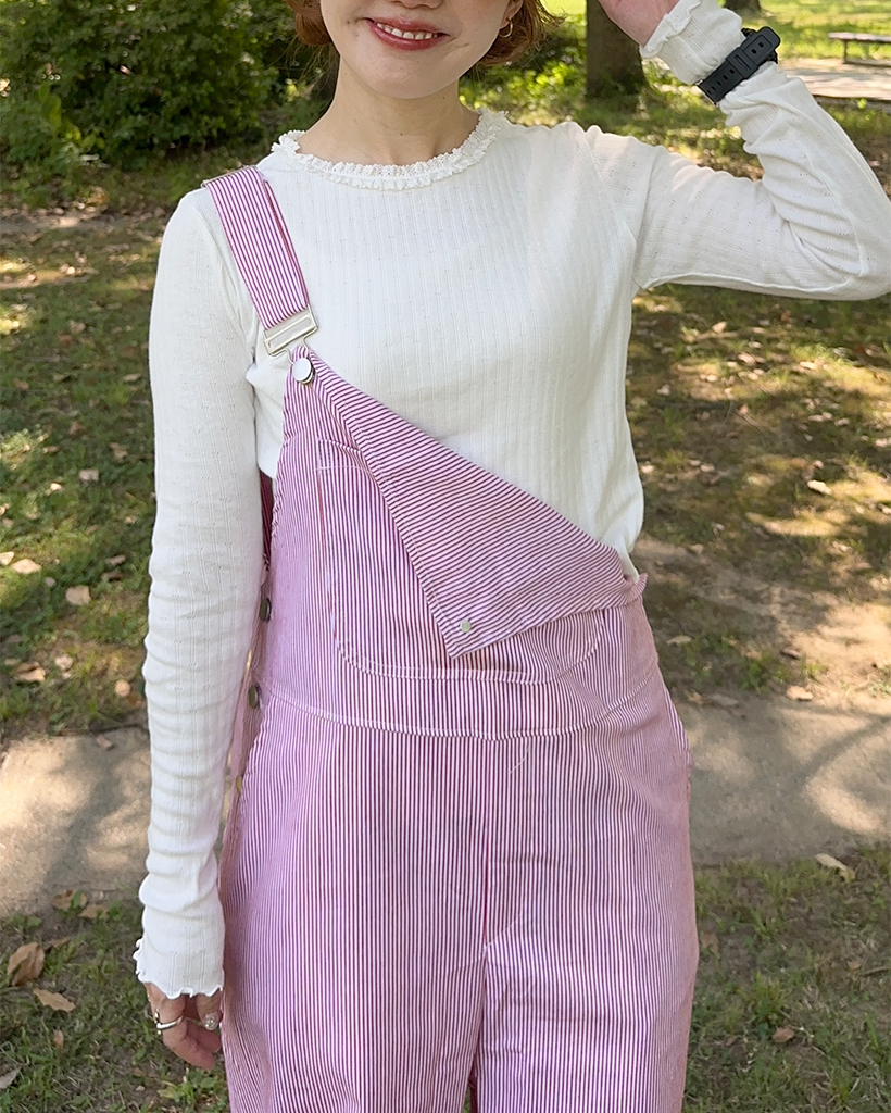 ラベルポイント付きストライプオーバーオール | ファッション通販