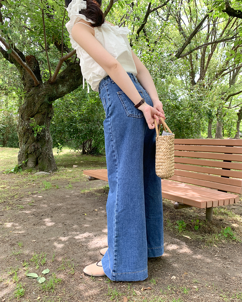 アウトポケットステッチブーツカットワイドデニムパンツ