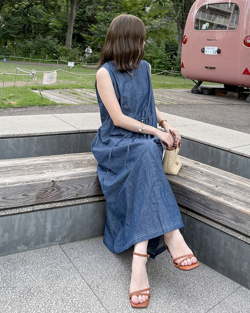 【SINME】ライトデニム ロングワンピース デニムストリングスリーブレスロングワンピース | ファッション