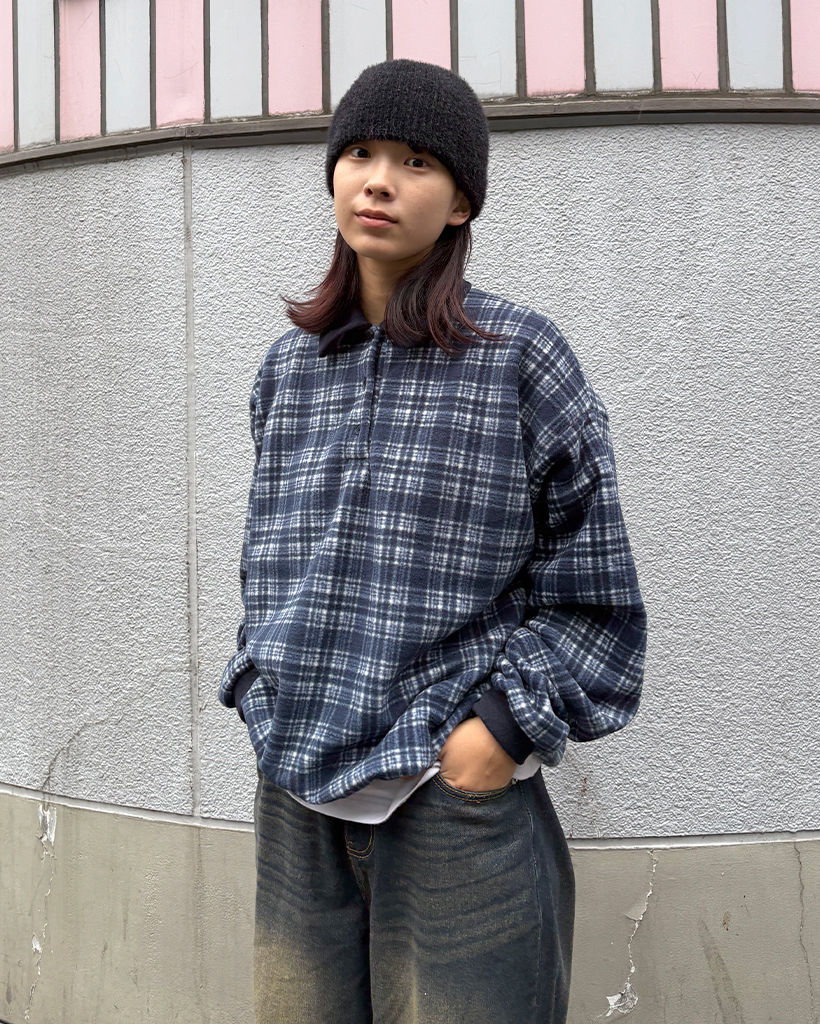 ユニセックス)カラーハーフジップチェック スウェット | ファッション