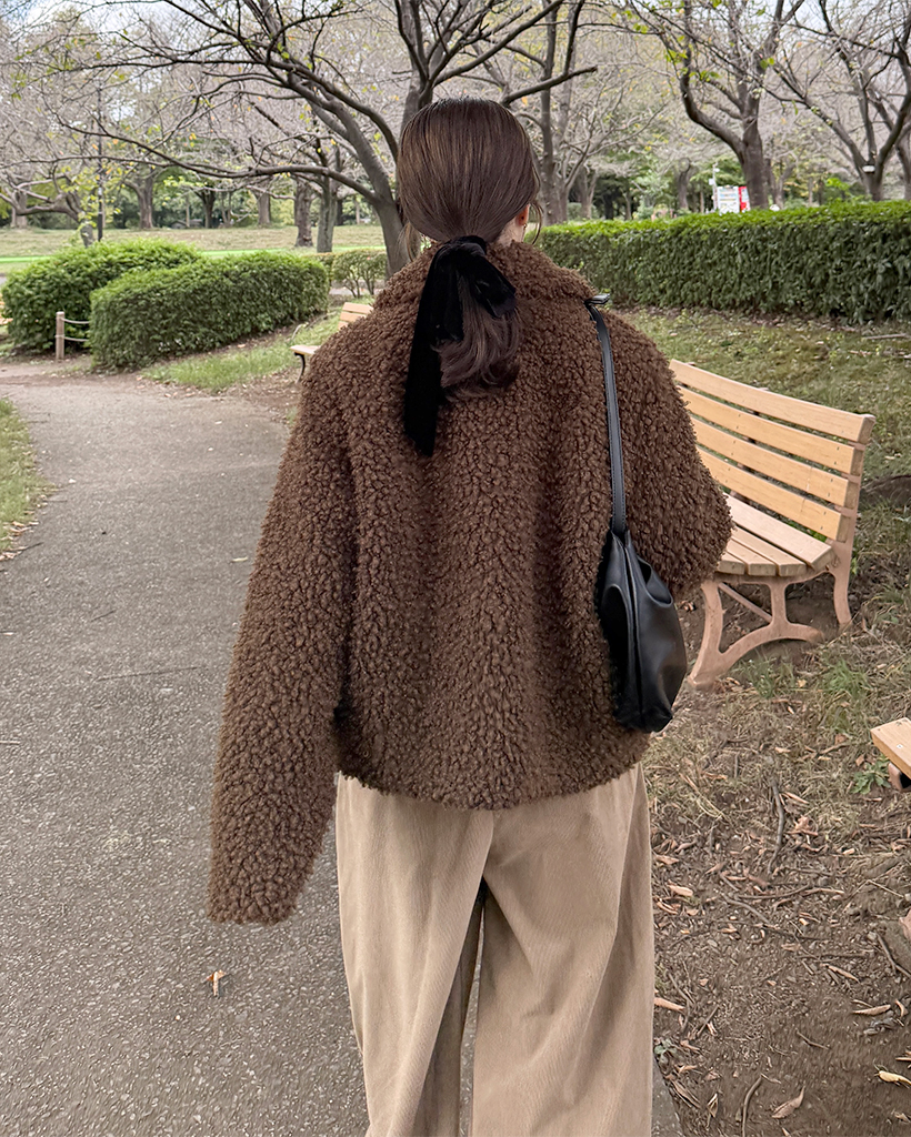 シープスキン ボア付きジャケット ダークブラウン スタイルブロック STYLEBLOCK フェイクレザーボア襟付きジャケット