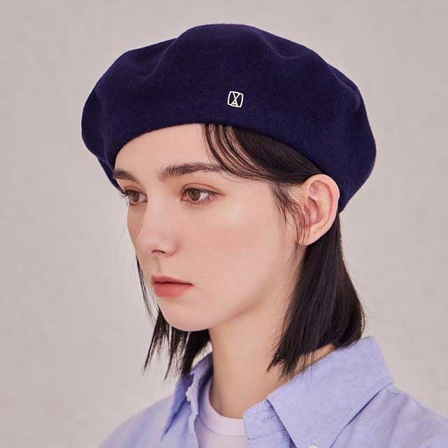 [Kアイドル着用] VA Square Stud Wool Beret Navy