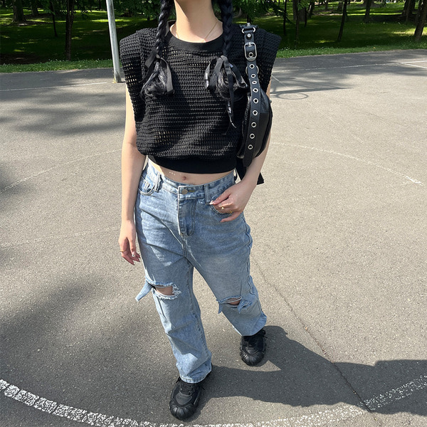 デニムクラッシュ裏毛 スクエアウインドウリメイク スリムストレートデニムパンツ