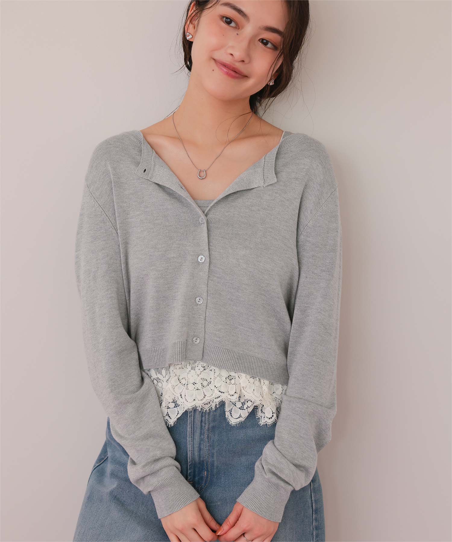 レースヘムキャミソール/カーディガンニットセット