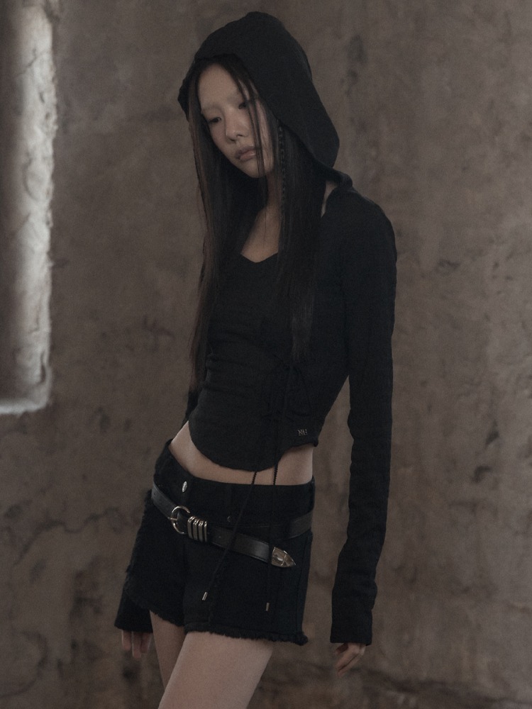 [mnem] Diamond Neck Corset Hoodie (black)