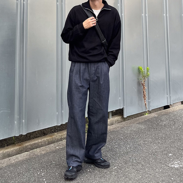 まふもふ 麻混ストレッチ 2タック イージーワイドデニムパンツ ｜The