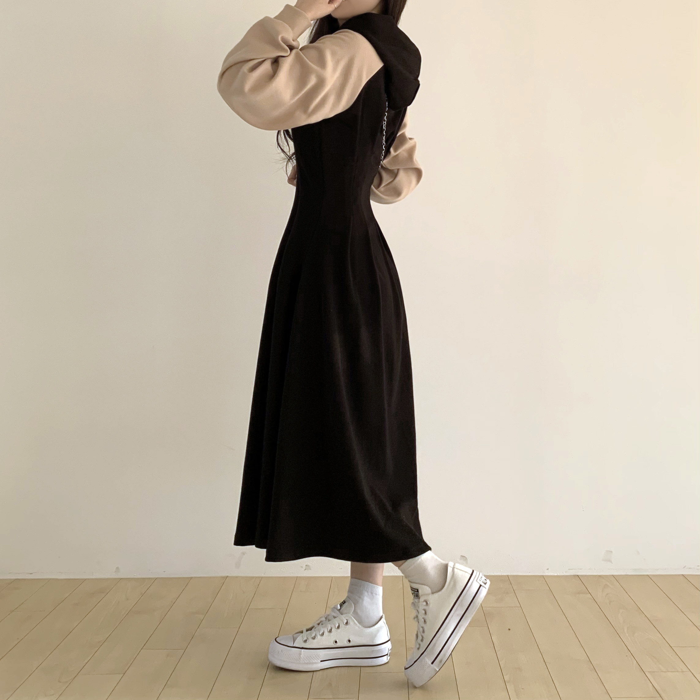 バイカラーAラインフード付きロングワンピース | ファッション通販