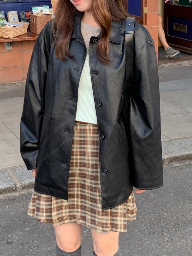 original]ルーズフィットブラックハーフレザージャケット