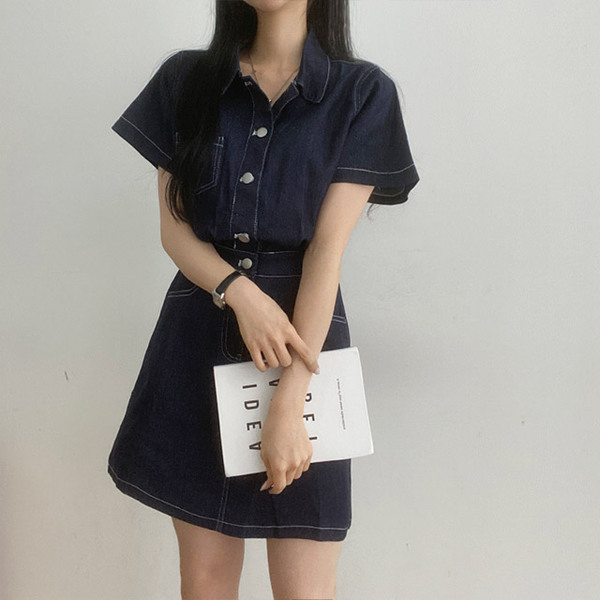 2color/short/long] ステッチポケットボタンデニムワンピース