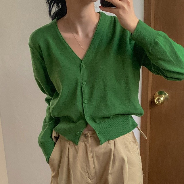 ウールVネックニットカーディガン (green) | ファッション通販