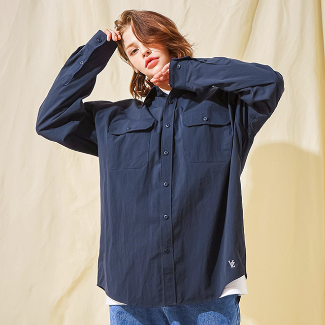 ★関税込★VARZAR★VZ Logo Big Over Fit Nylon Work Shirt★ VARZAR] VZ Logo Big Over Fit Nylon Work Shirt Navy
