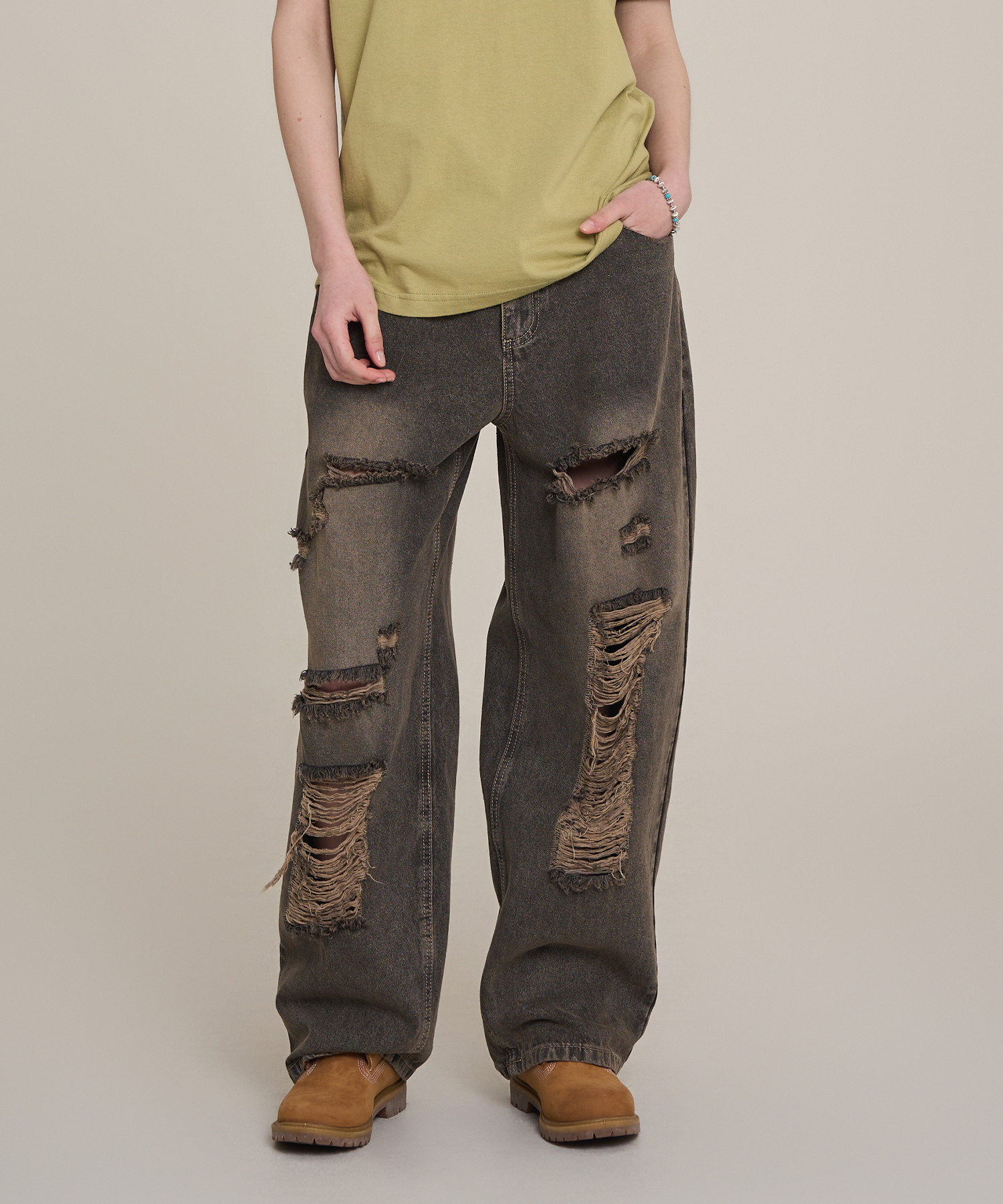 domingo washed wide denim pants - washed brown