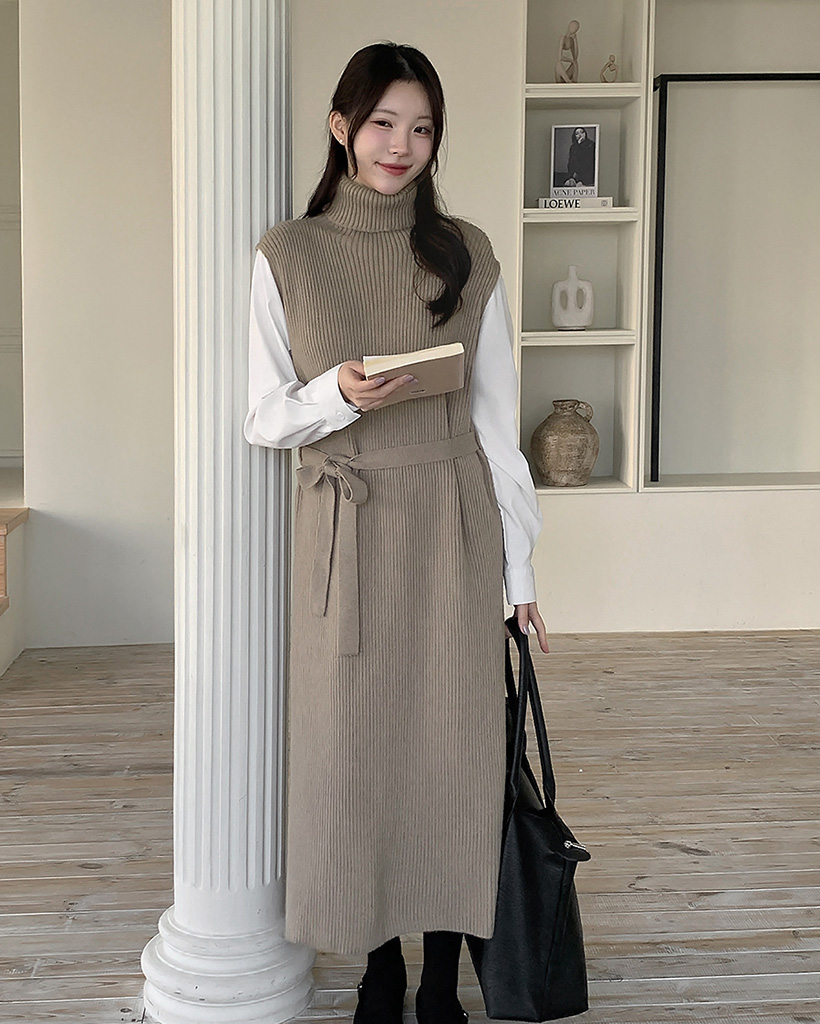 シャツレイヤードハイネックニットロングドレスワンピース