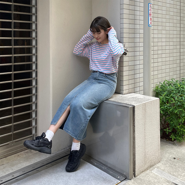 [秋再入荷]フロントスリットロングデニムスカート