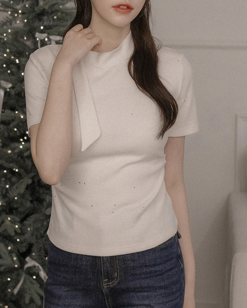 ストレッチグリッターハイネックタイ付き半袖Tシャツ