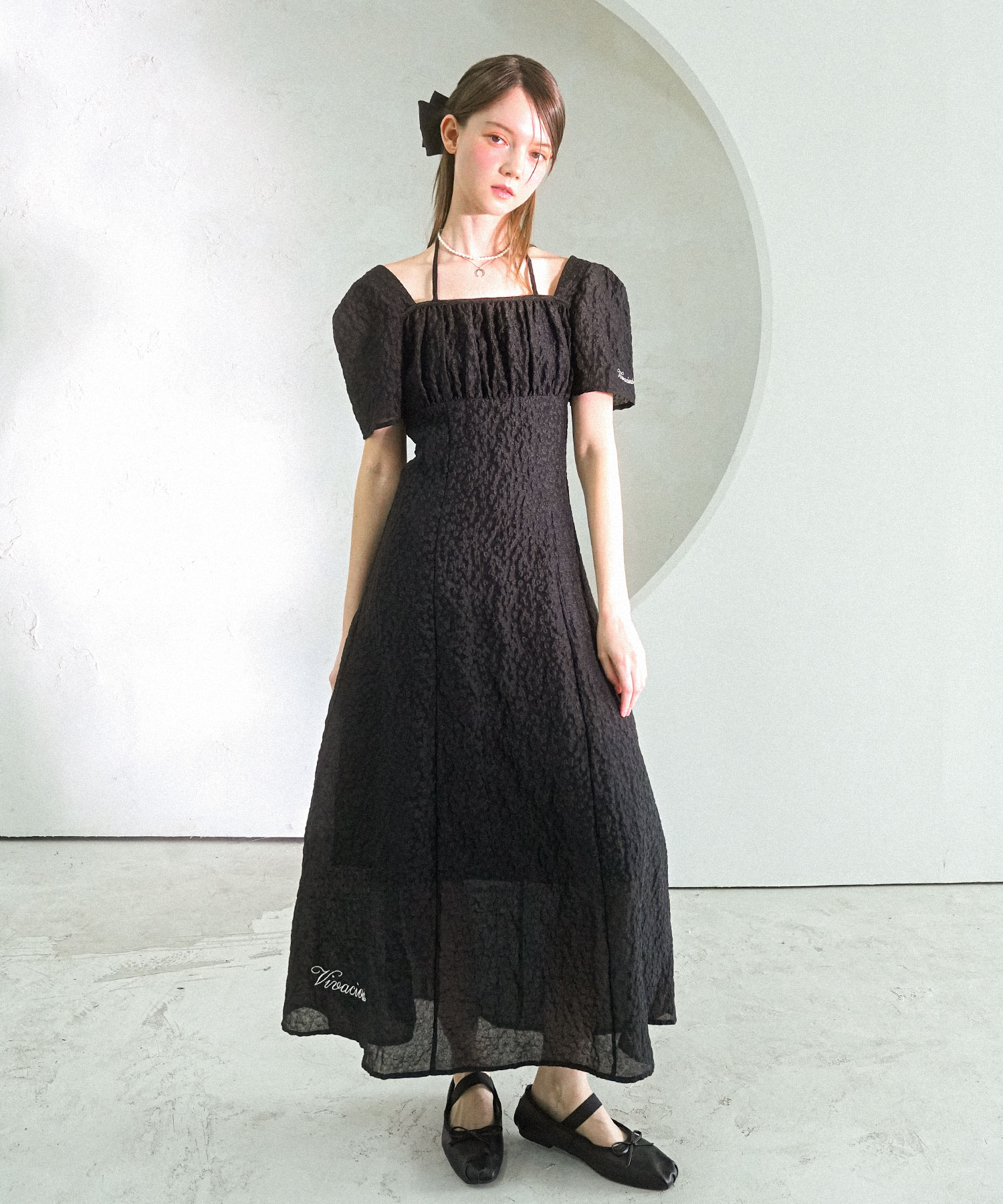 オケージョン】フェザーフラワー袖バルーンワンピース《前後2WAY