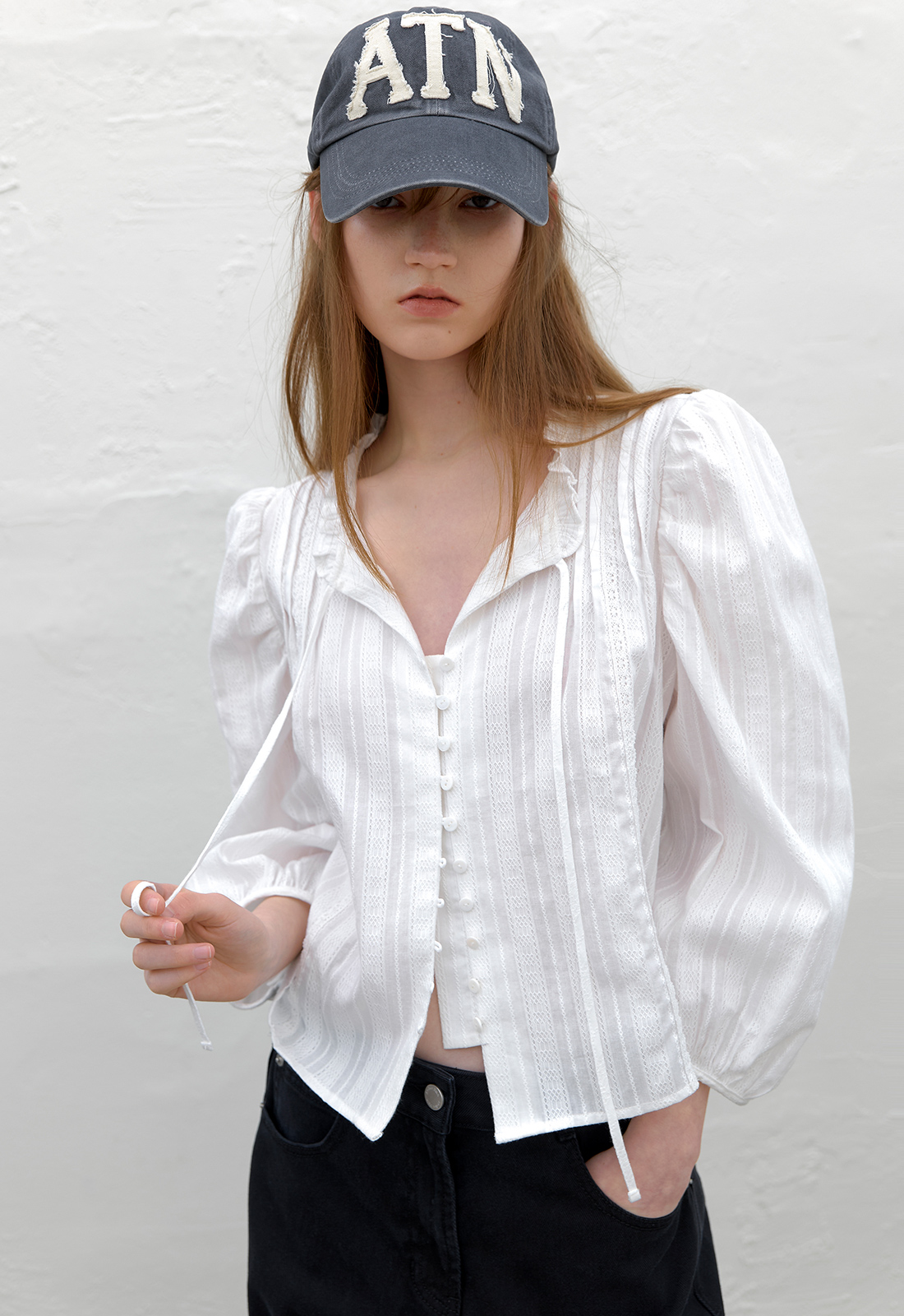 (BL-4394)VOLUME SLEEVE LACE COTTON BLOUSE