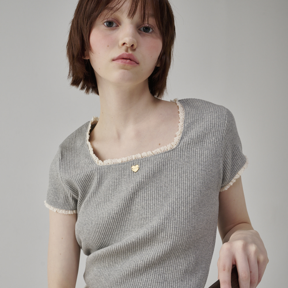トップス LACE SQUARE HEART NECK SHORT SLEEVE GREY LACE SQUARE HEART NECK SHORT SLEEVE GREY | ファッション通販