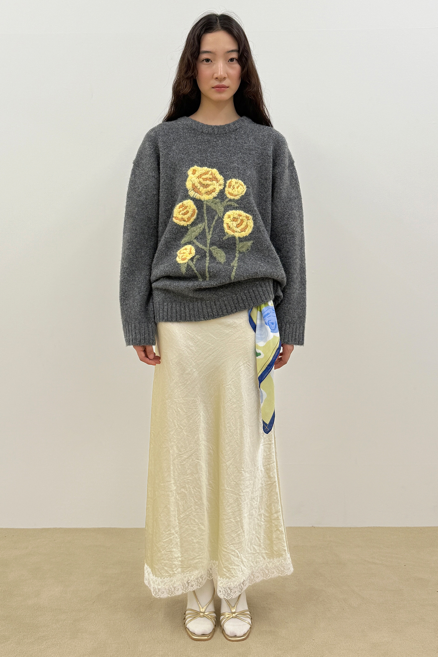 Satin Lace Long Skirt (Cream)