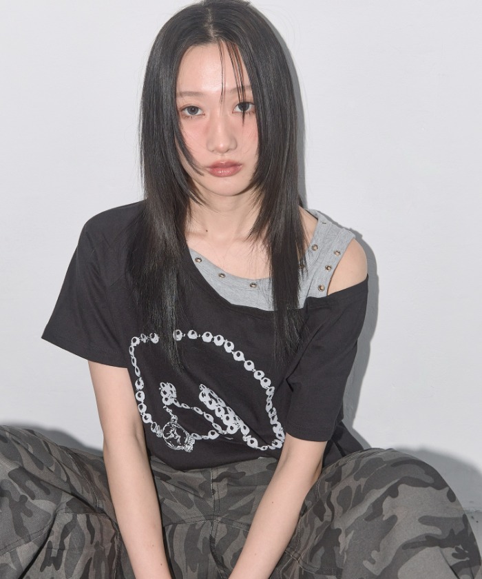 Snap One Shoulder Overfit T-Shirt Black | ファッション通販