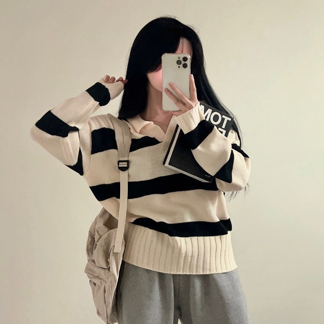 ボーダーオーバーサイズカラー長袖ニット