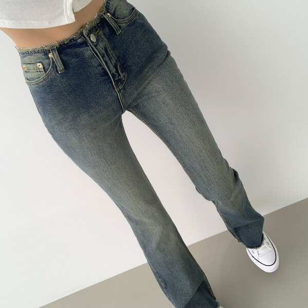 パンツ Slim boots cut washing jeans Side Slit Stretch Slim Bootcut Jeans - Acid Wash Denim
