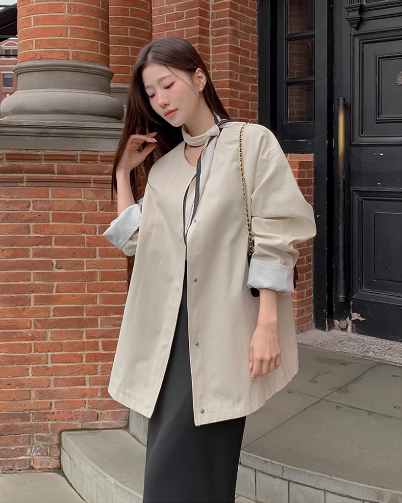 (3color) ノーカラー クルーネック ミ디丈 トレンチコート アウター