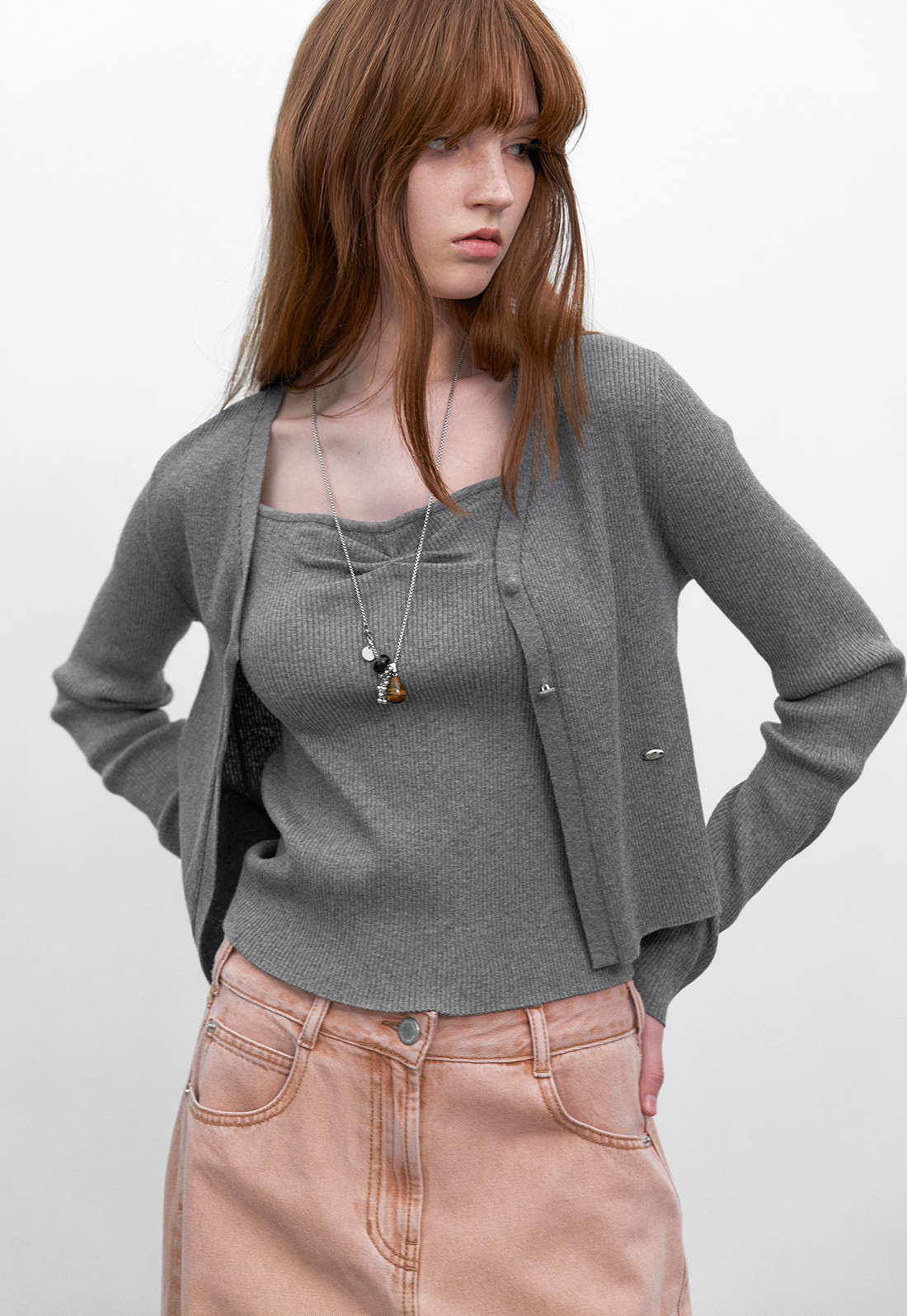 (CD-2253)FLY SHIRRING TOP&CARDIGAN SET S