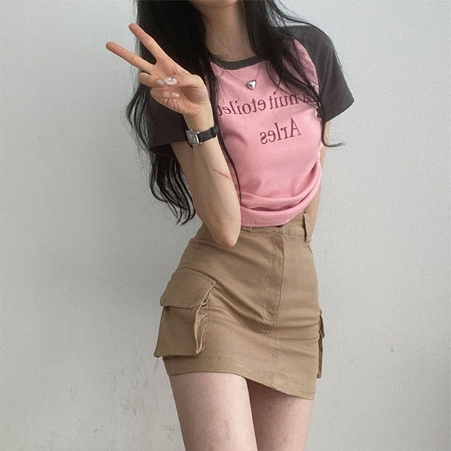 ラグランストリングクロップド半袖