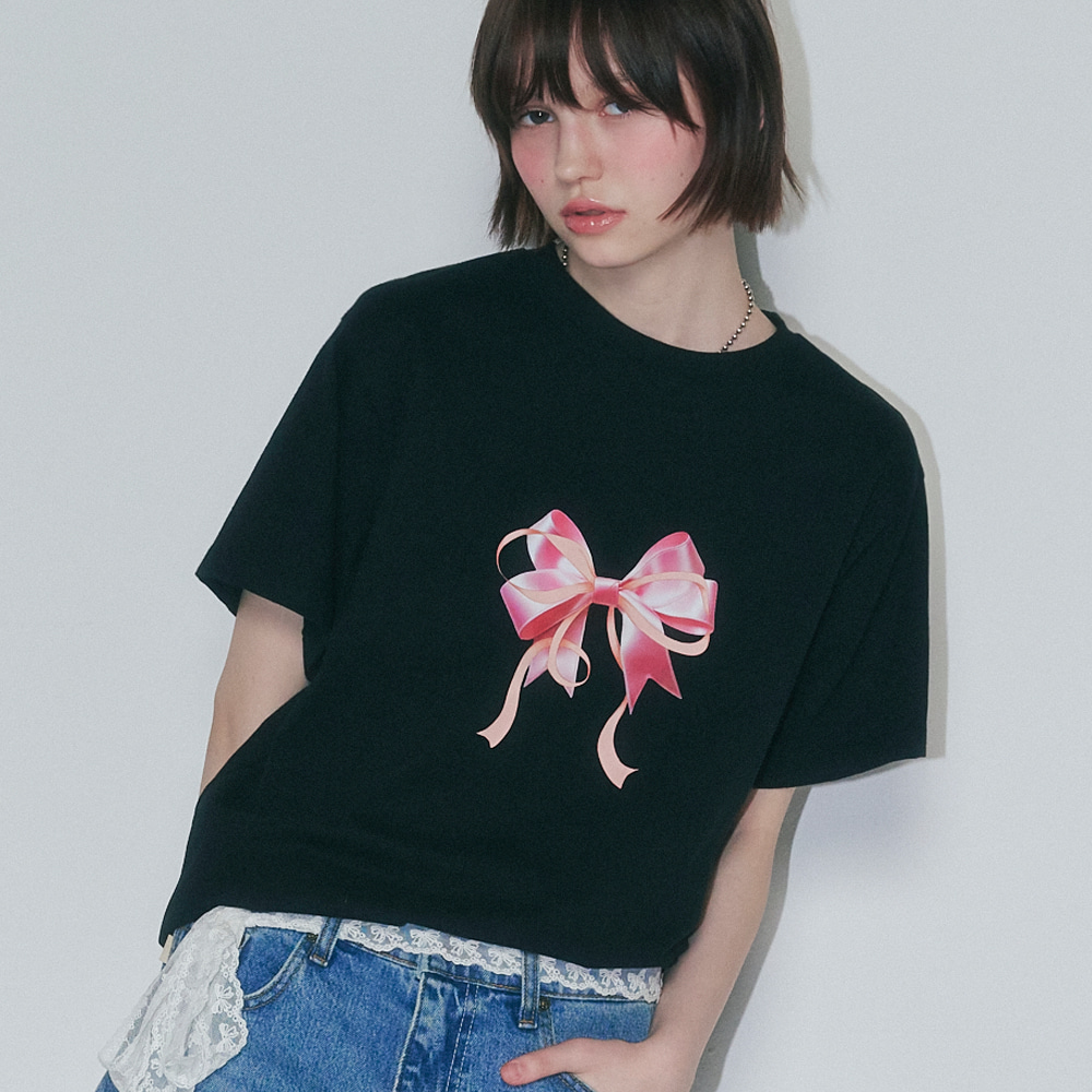 ◆24SS RONRON POINT RIBBON BASIC FIT Tシャツ/2色◆ RONRON】24SS DOUBLE RIBBON BASIC FIT T SHIRT (RONRON/Tシャツ