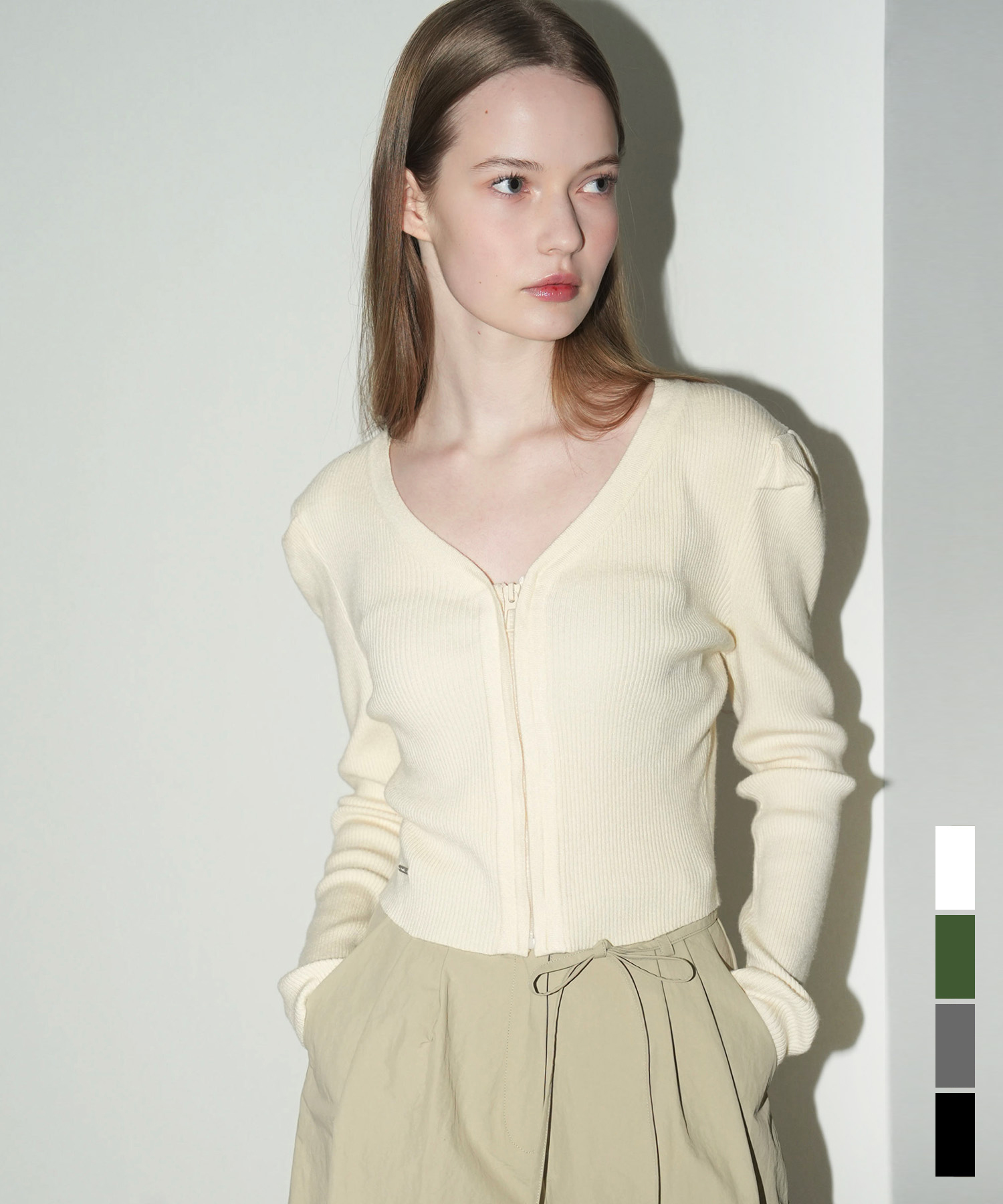 V Neck Puff Sleeve Knit Cardigan - 4COL