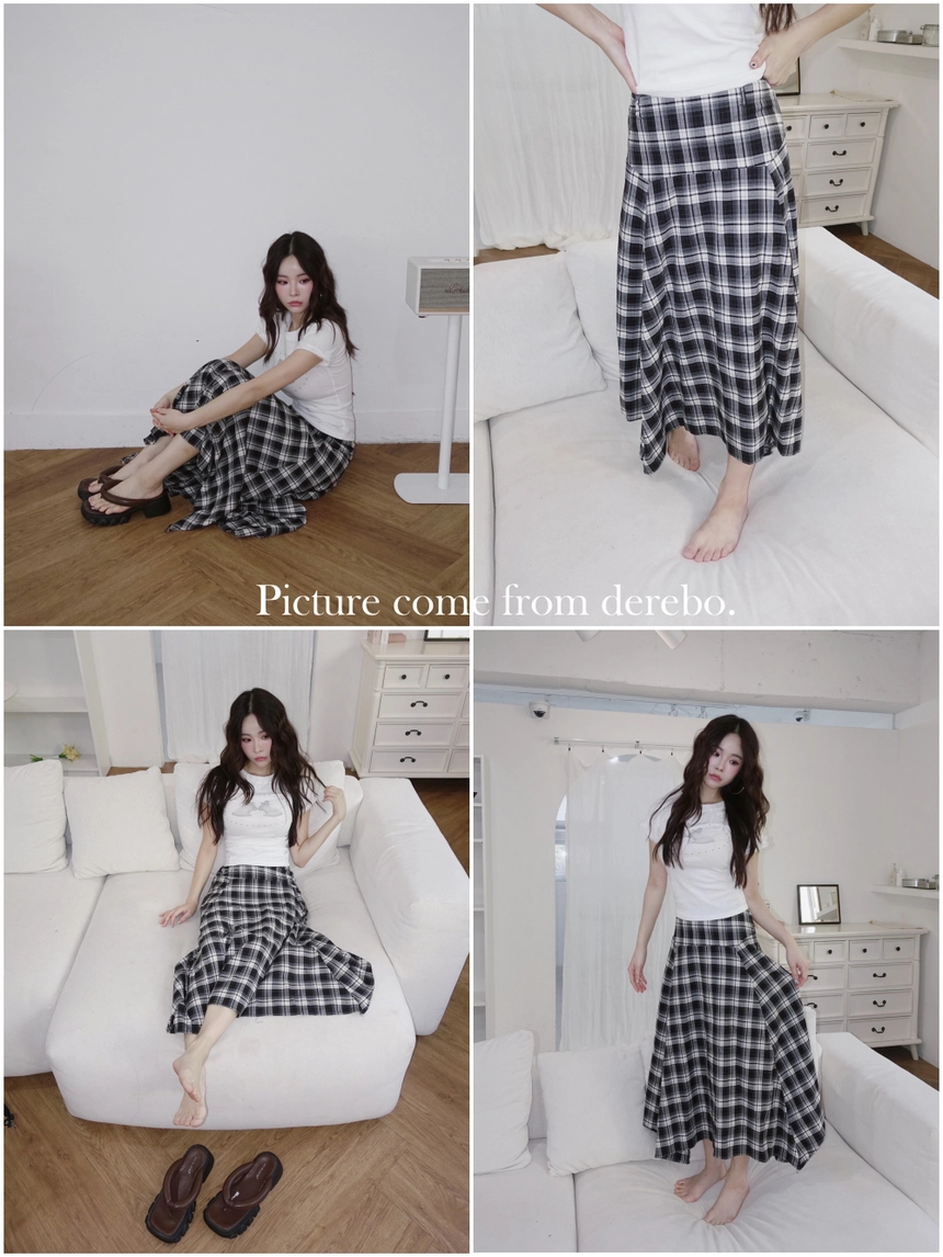 ブラックチェックアシンメトリーロングスカート | ファッション