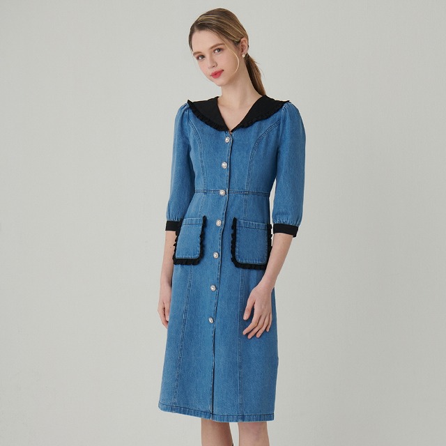 Coloring frill collar denim dress S231S658 NUGU