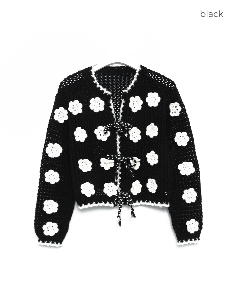 rivnobuhikoフラワーカーディガン　ブラック ビックフラワーポイント編みニットカーディガン | ファッション通販