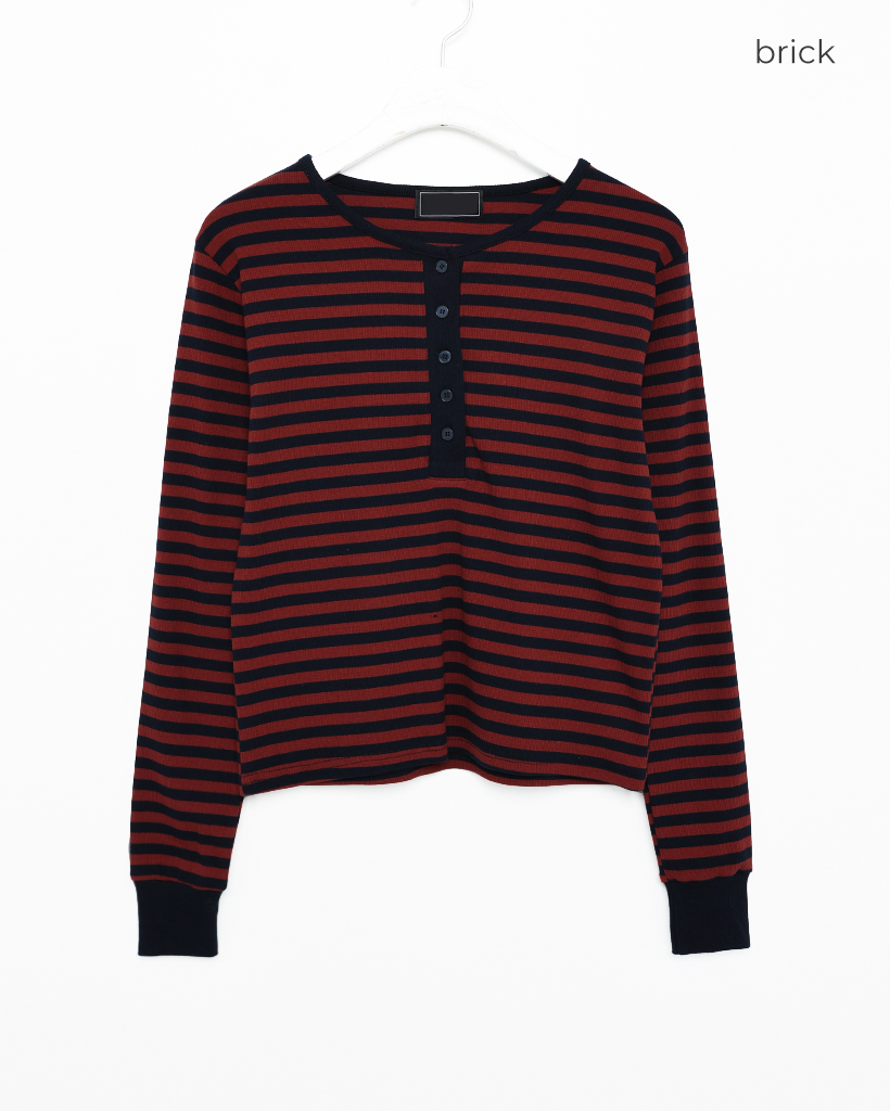 ボーダーヘンリーネックリブロングTシャツ | ファッション通販