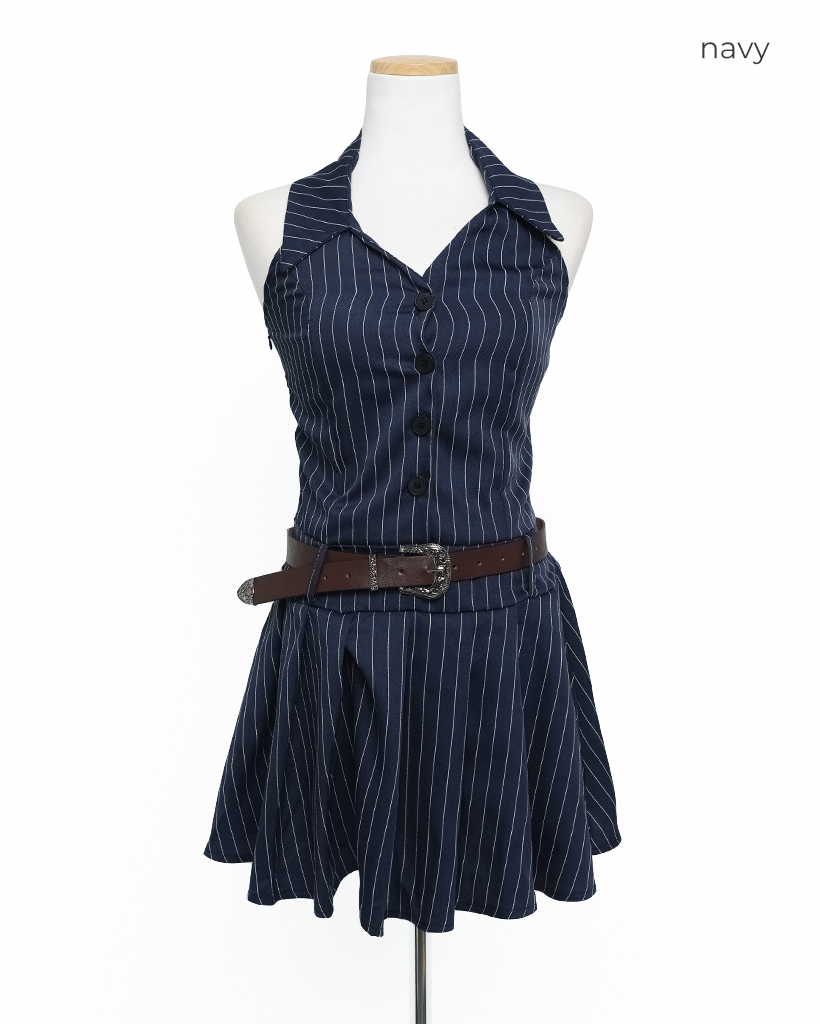 ベルトセット)ピンストライプホルターミニワンピース | ファッション