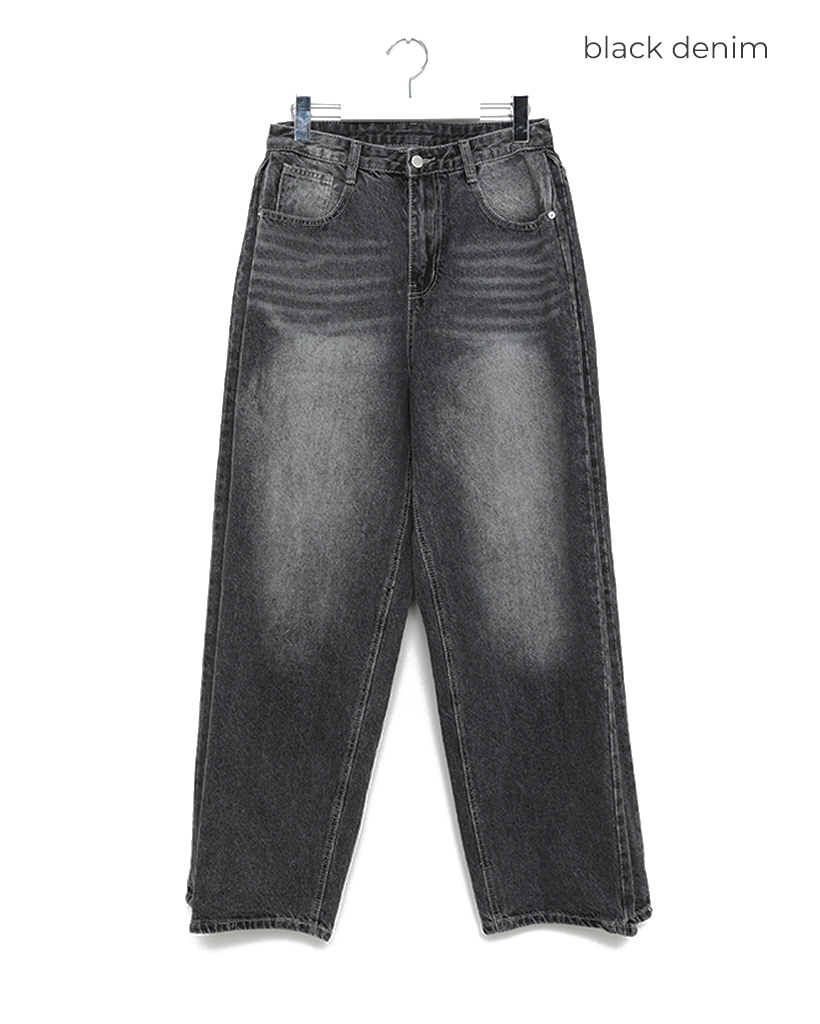 ユニセックス)ブラックウォッシュデニムワイドパンツ | ファッション