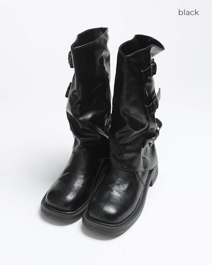 スクエアトゥトリプルベルトミドルブーツ | ファッション通販