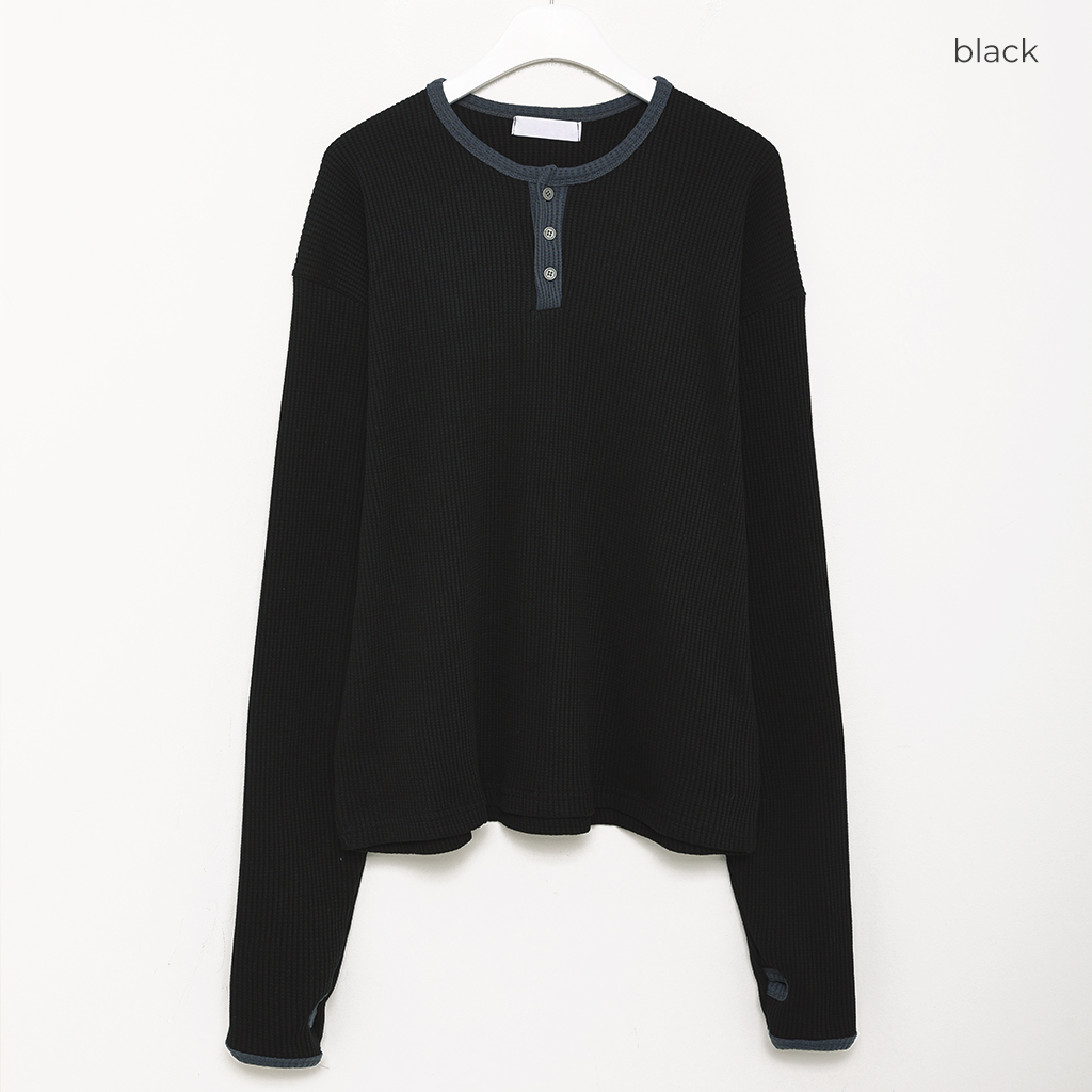 ユニセックス)フィンガーホールスタンドカラーワッフルT