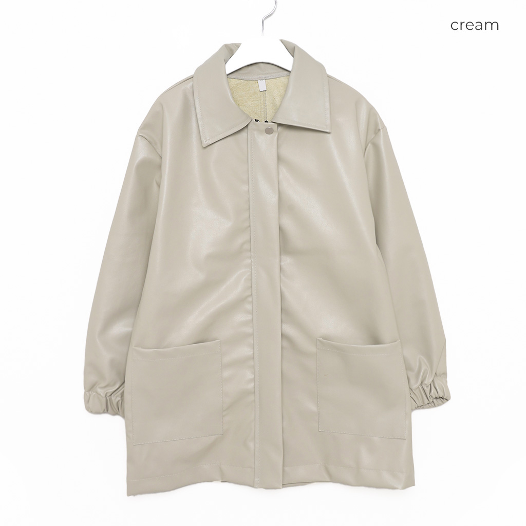 【シロ】ハーリップトゥ　ベージュ 合成皮革ジャケット sankyo shokai ラムレザー ジャケット レディース ノーカラー