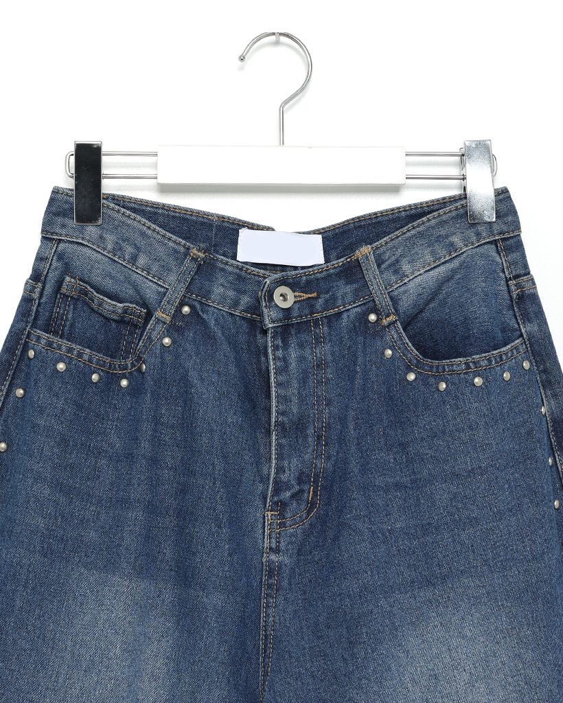 アウトシームスタッズラインワイドデニムパンツ | ファッション