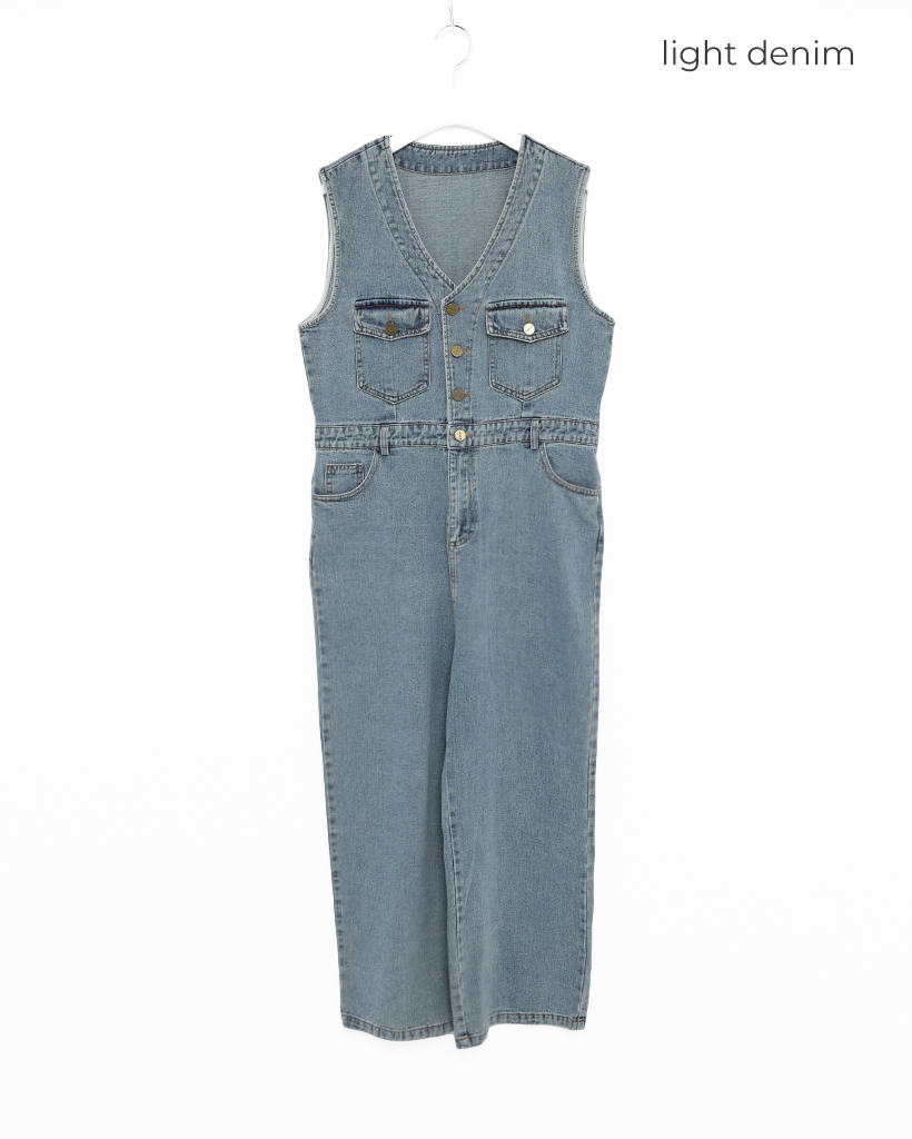 Vネックスリーブレスボタンデニムジャンプスーツ | ファッション