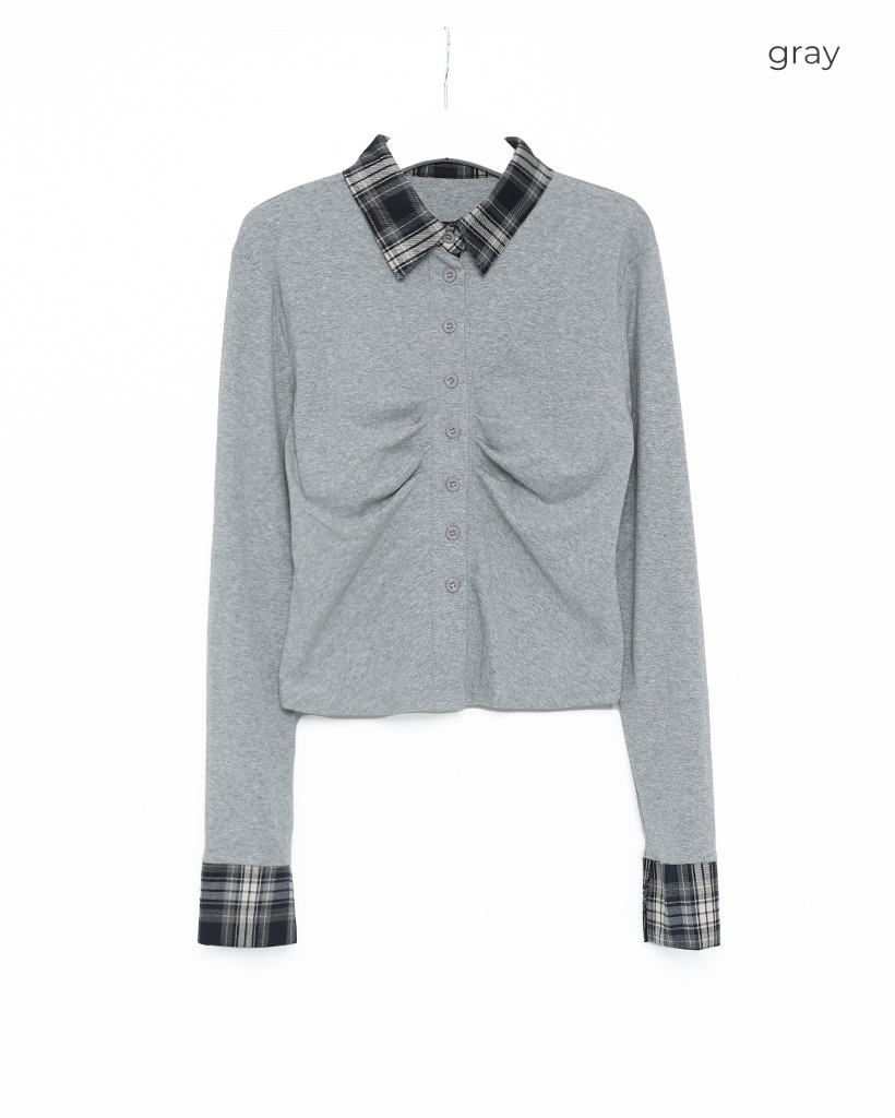 チェックバイカラーネックギャザーシャツ | ファッション通販