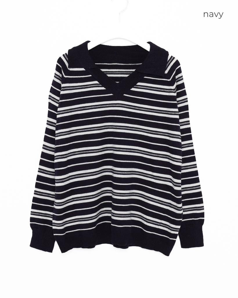 トリプルボーダージョニーカラーニット | ファッション通販